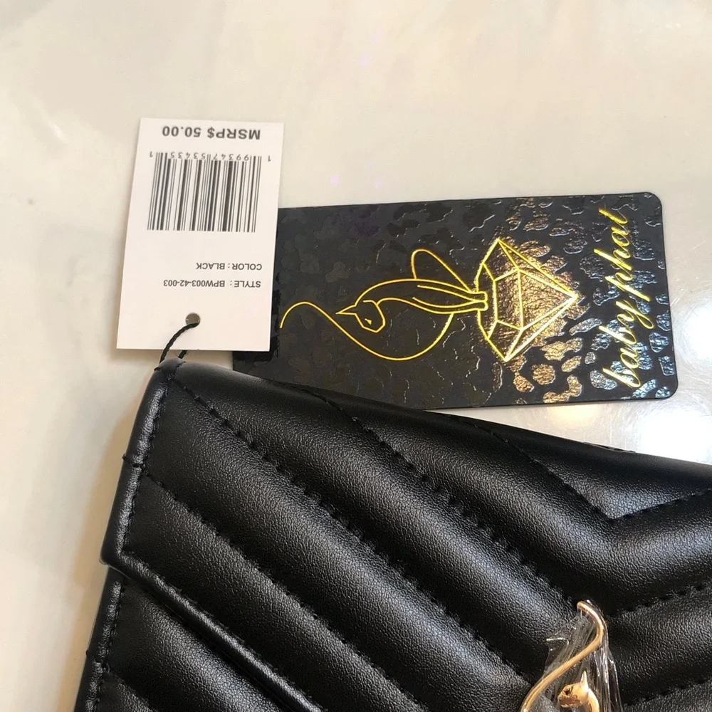 Baby Phat Black Faux Leather Quilted Chevron Flap Clutch Wallet Cat Logo NWT